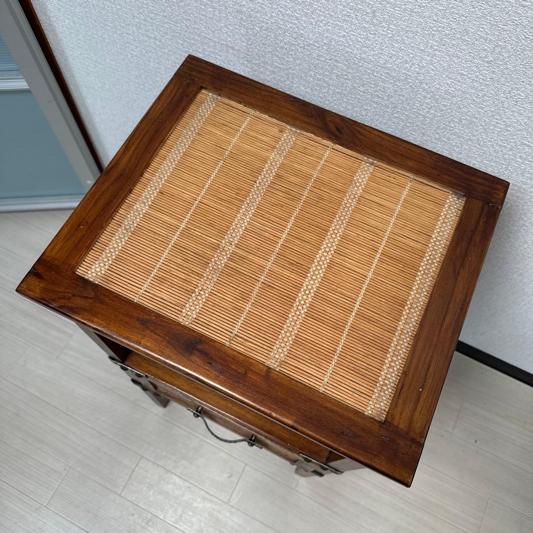 アジアン 民芸 簾 金属取手 金具 鋲打 電話台 花台 サイドテーブル i1※