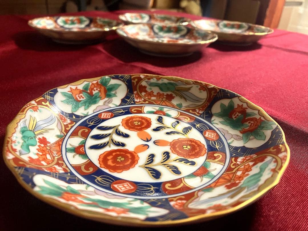 前畑 庫山 古伊万里 金彩花鳥色絵 5客