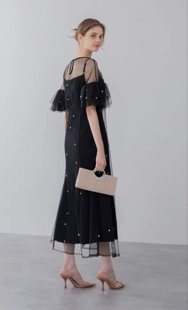 leja ティアードフリルスリーブパールワンピースドレス　Mサイズ