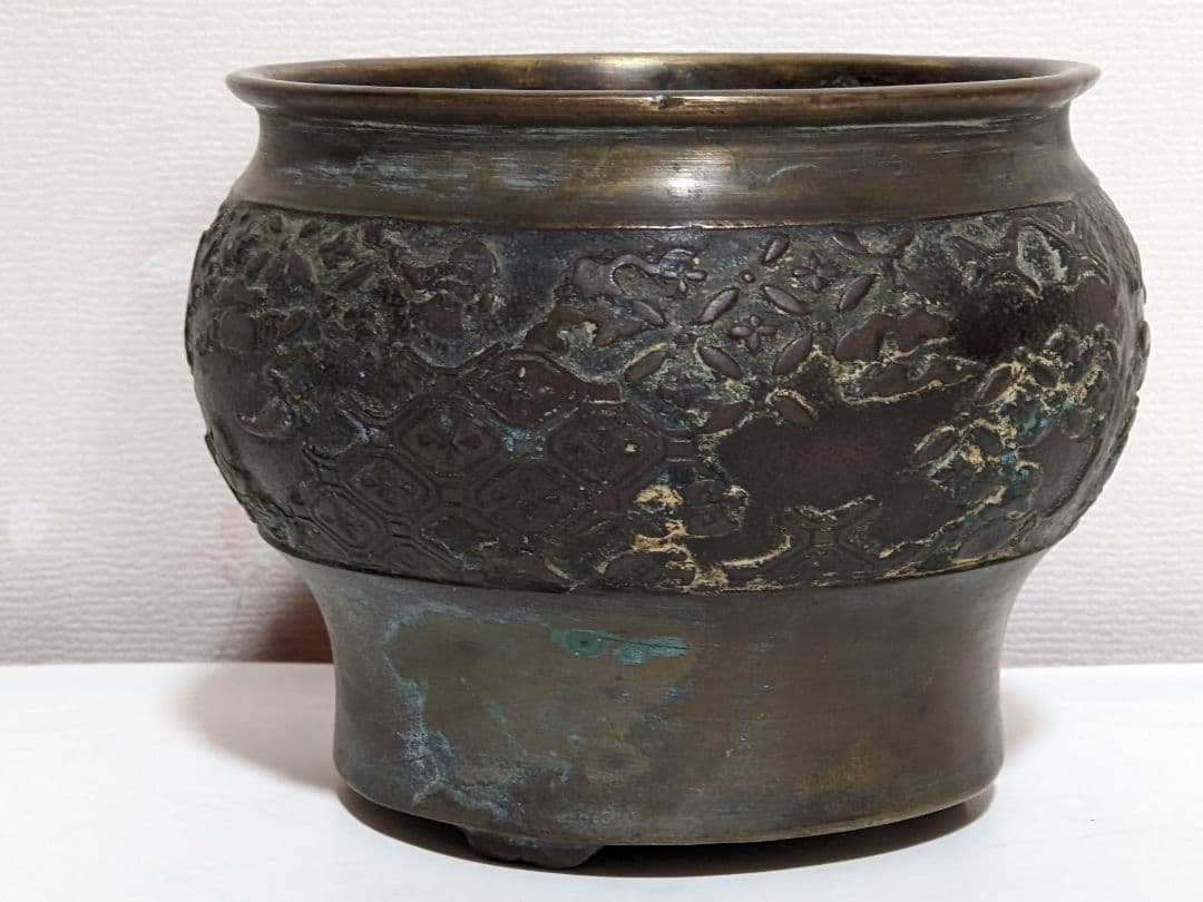 ♦分銅 花卉図紋香炉 唐金 江戸 幕末 文化文政コレクション骨董品アンティーク