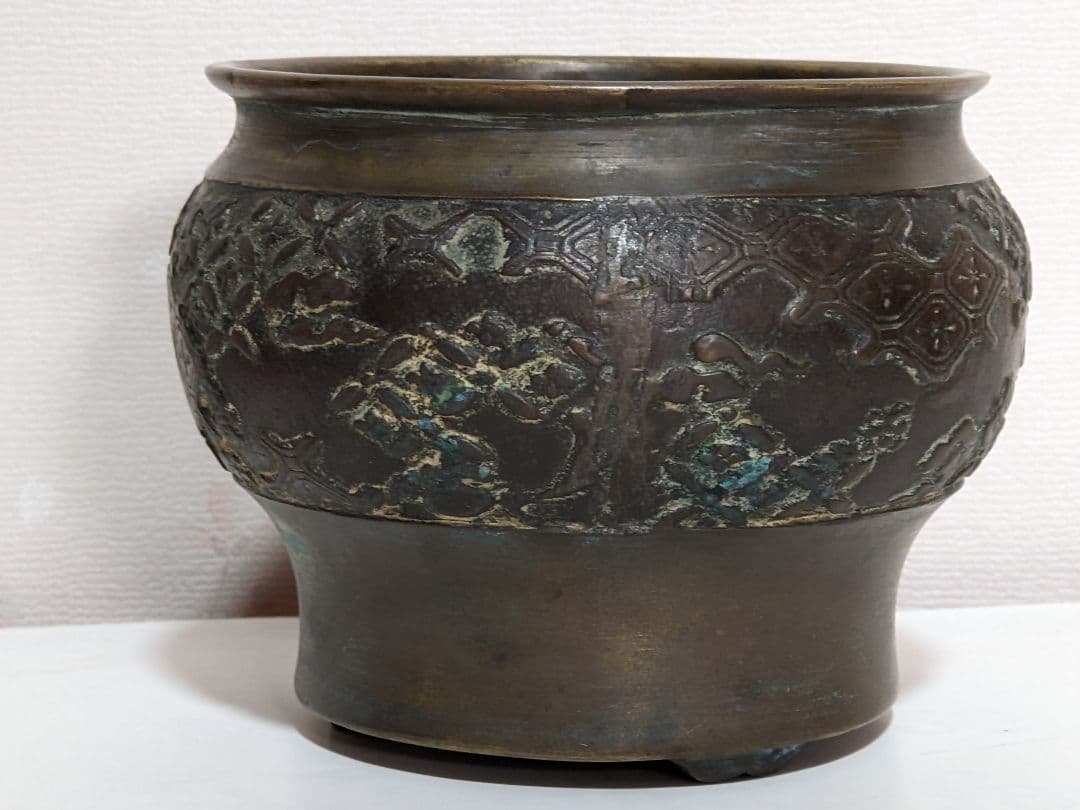 ♦分銅 花卉図紋香炉 唐金 江戸 幕末 文化文政コレクション骨董品アンティーク