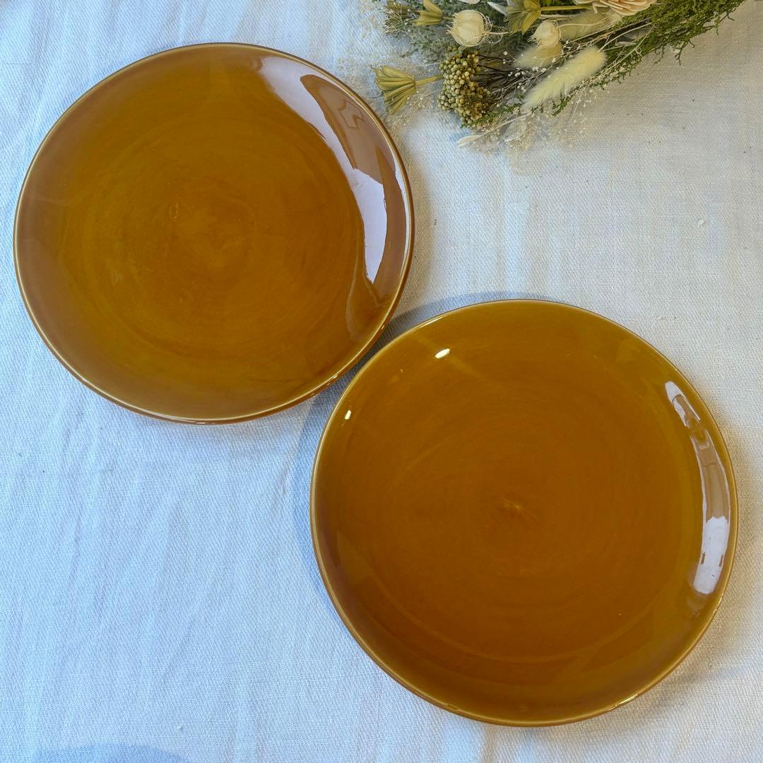 フランスヴィンテージ　サンタマン窯　プレート2点イエローブラウン古道具ブロカント