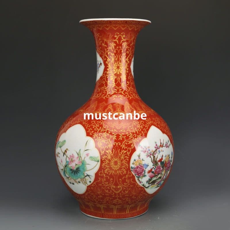 清雍正黄地琺瑯彩開窓花卉賞瓶 景徳鎮 陶磁器 装飾品 現代工芸品 美術品 置物