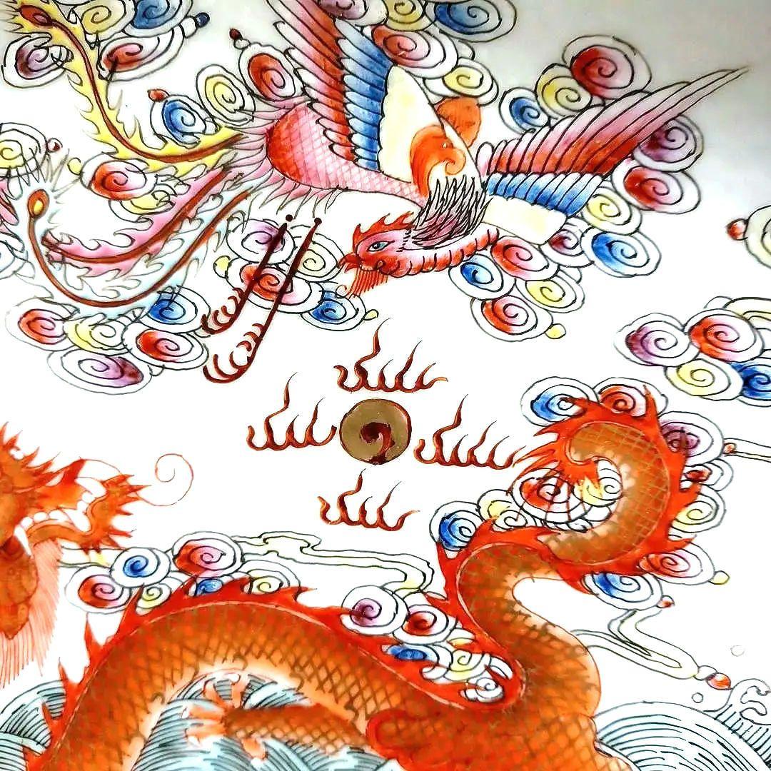 粉彩龍鳳文皿　中国古美術