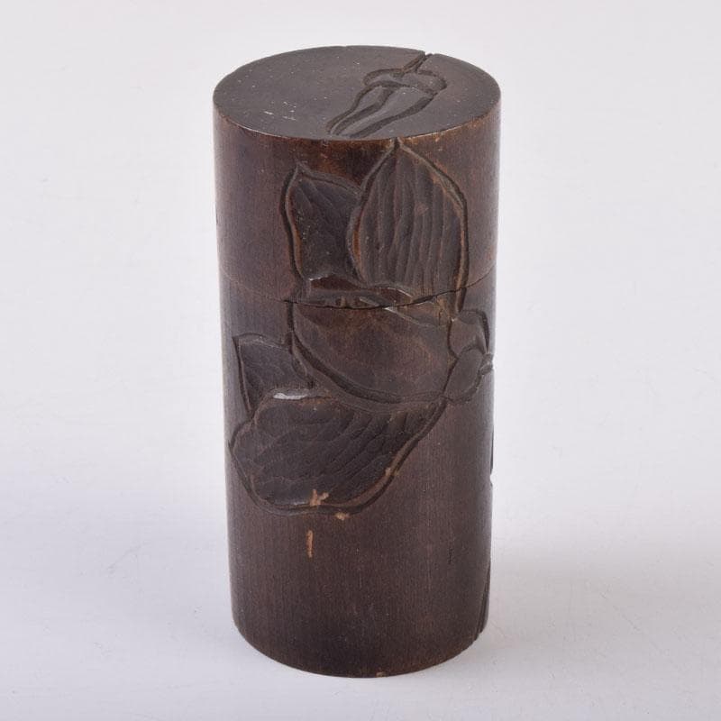 煎茶道具　木彫　椿図　茶筒　V　8508