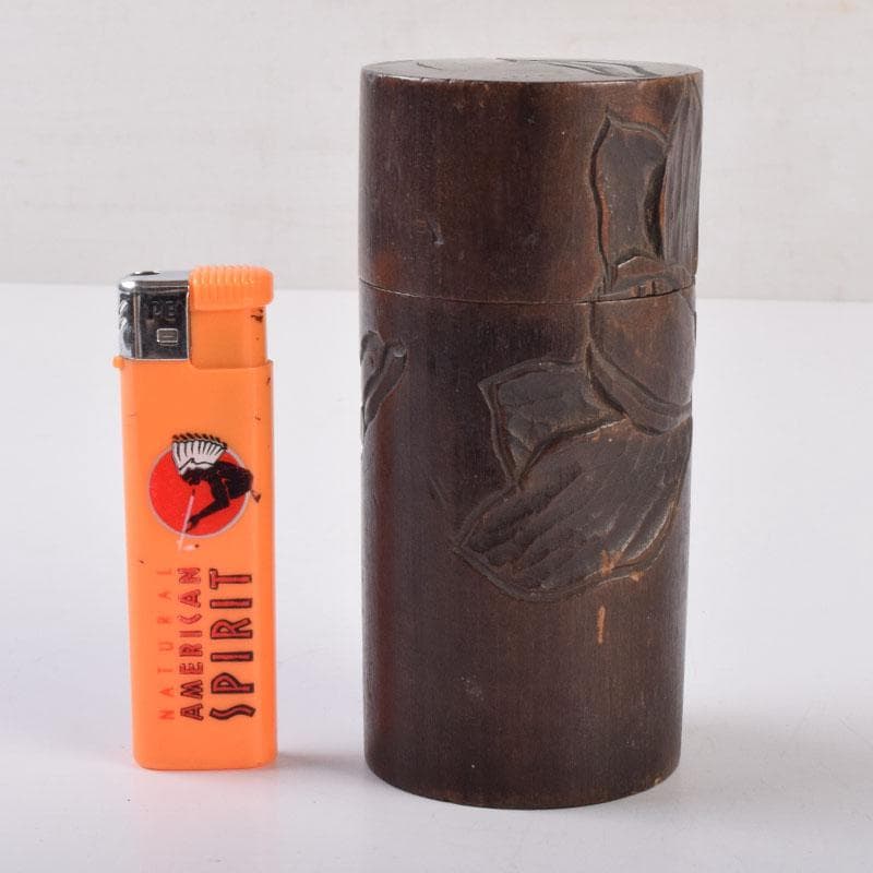 煎茶道具　木彫　椿図　茶筒　V　8508