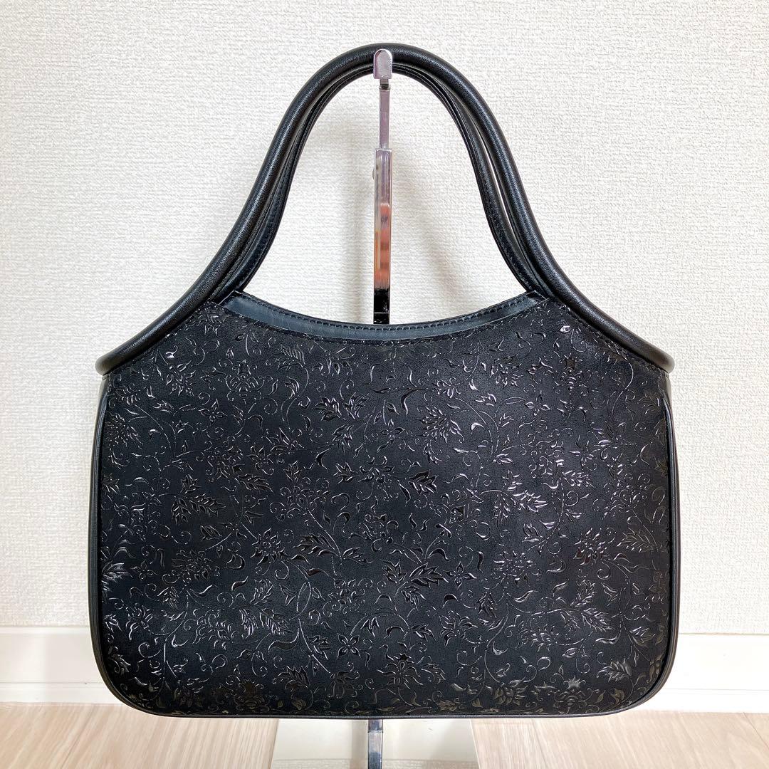 印傳屋 ハンドバッグ 黒漆 レザー 鹿革 花唐草 模様 和装 着物 甲州印伝