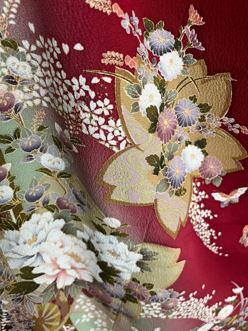 値下げ★ 中古　振袖　仕立て上がり　赤　えんじ色　NO.B12