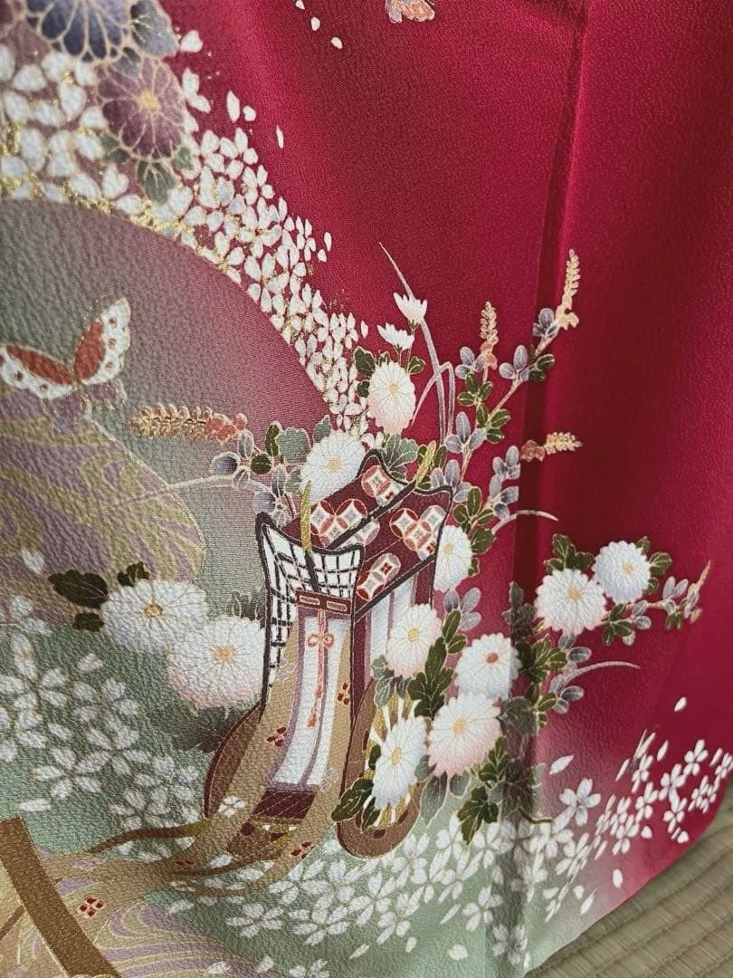 値下げ★ 中古　振袖　仕立て上がり　赤　えんじ色　NO.B12