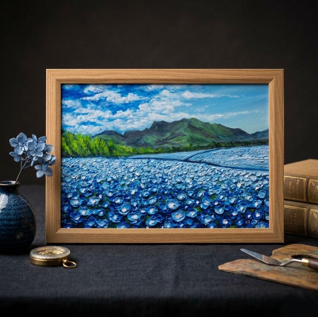 油絵 油彩 油彩画 絵 絵画【くじゅう花公園のネモフィラ畑】