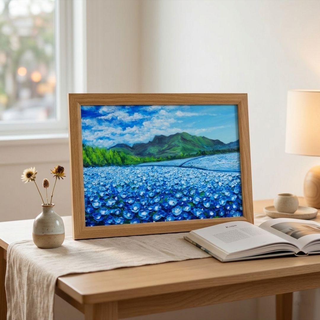 油絵 油彩 油彩画 絵 絵画【くじゅう花公園のネモフィラ畑】