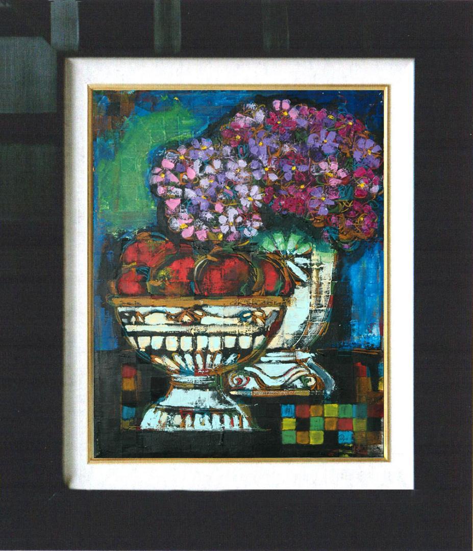 油絵 菅家令子 絵 絵画インテリア額付(青緑＋金色の枠)uF6-063504花器