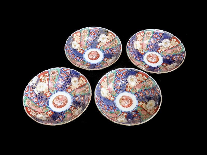 大聖寺伊万里　金襴手　奇玉宝鼎之珍　捻り菊皿　小膾皿４客　C856 AS-CEq