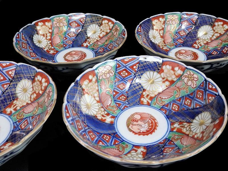 大聖寺伊万里　金襴手　奇玉宝鼎之珍　捻り菊皿　小膾皿４客　C856 AS-CEq