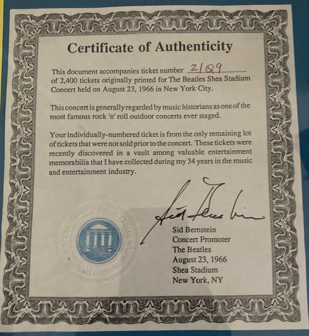ビートルズ　シェアスタジアムコンサート未使用チケット、証明書、ポスター