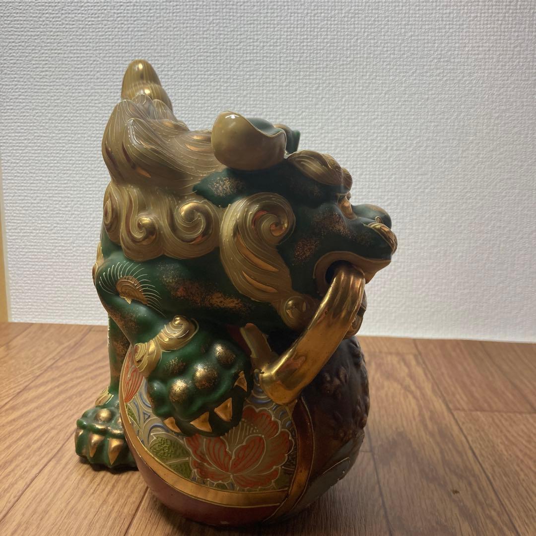 須栄義作　金緑x 龍の玉乗り獅子　九谷焼 八幡窯
