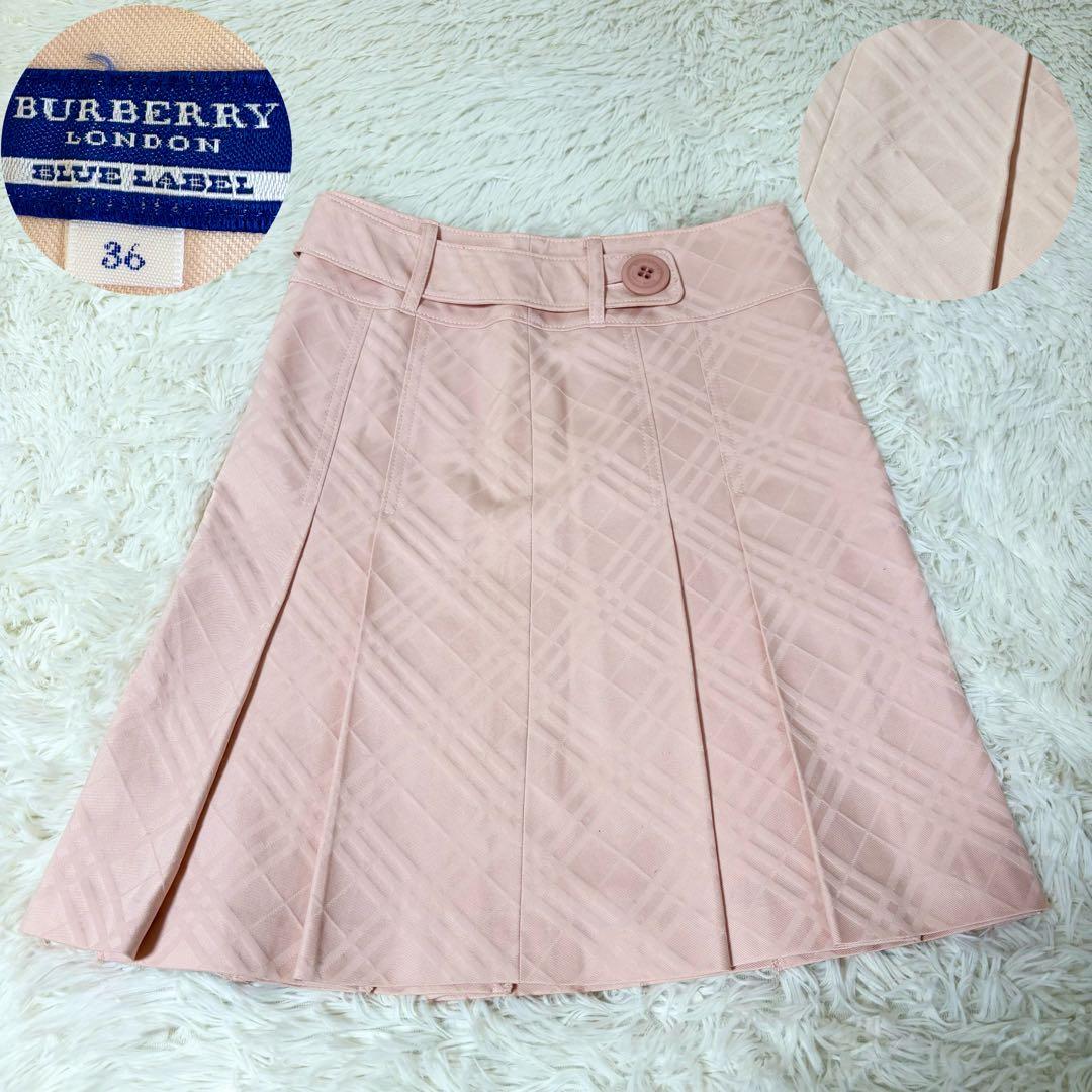 バーバリーブルーレーベル ノバチェック ベルト ボタン プリーツスカート ピンク