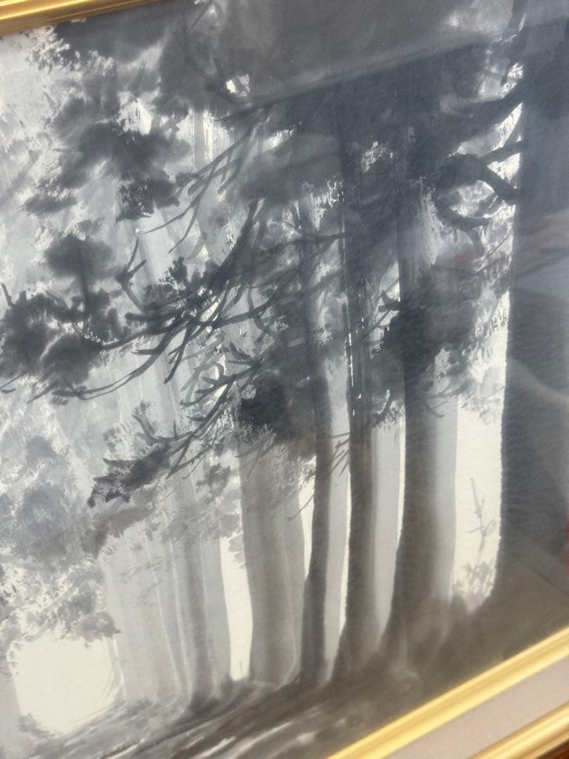 日本画 風景画 森の小径 額装付き 69×62cm 共箱