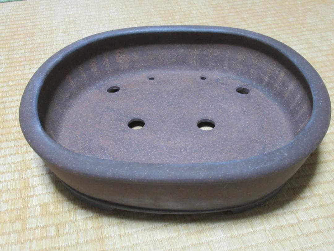 未使用’75年◆備前焼窯元『陶峰造』(木村陶峰) 楕円 中浅 切足 内縁 盆栽鉢