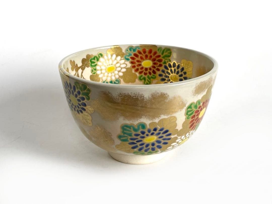陶芸家　淡海　膳所　陽炎園　ぜぜ　色絵菊茶碗　抹茶碗　共箱