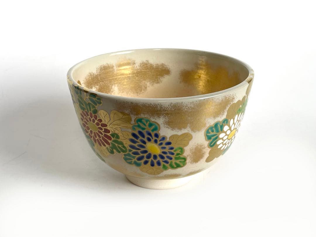 陶芸家　淡海　膳所　陽炎園　ぜぜ　色絵菊茶碗　抹茶碗　共箱