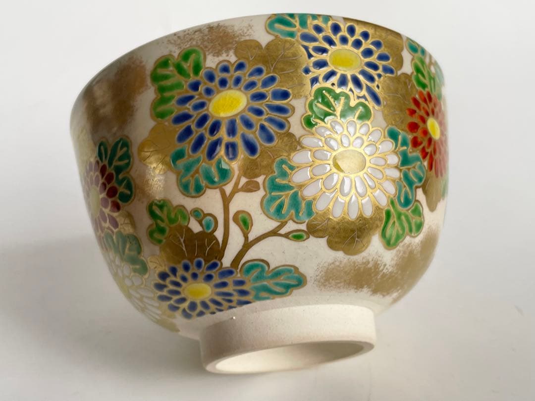 陶芸家　淡海　膳所　陽炎園　ぜぜ　色絵菊茶碗　抹茶碗　共箱