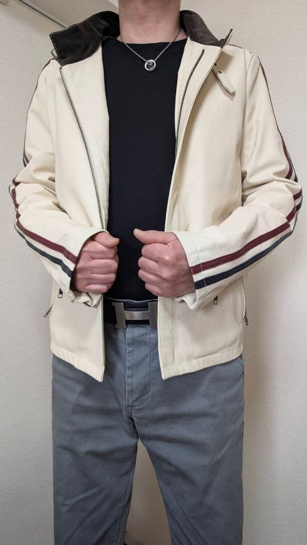 アイボリー ストライプ シングルライダースジャケット
