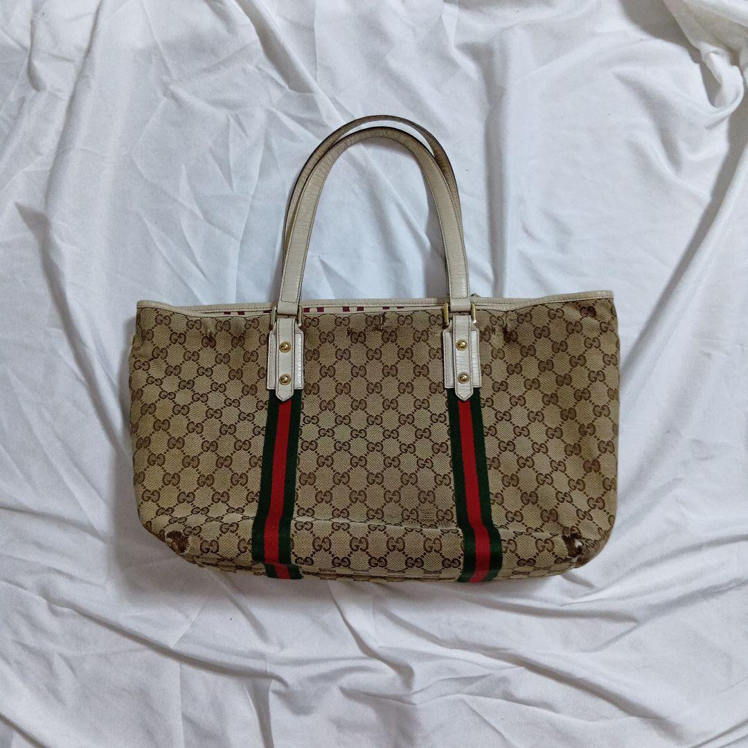 GUCCI　グッチ　シェリー　gg　キャンバス　レザー　トートバッグ