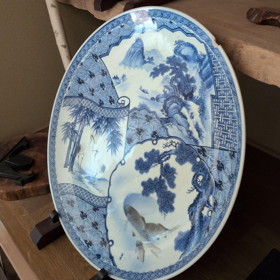 有田焼 間取鯉鶴山水　尺8大皿　 忠峰作　2尺皿　大きな飾り皿額立て付一部欠け