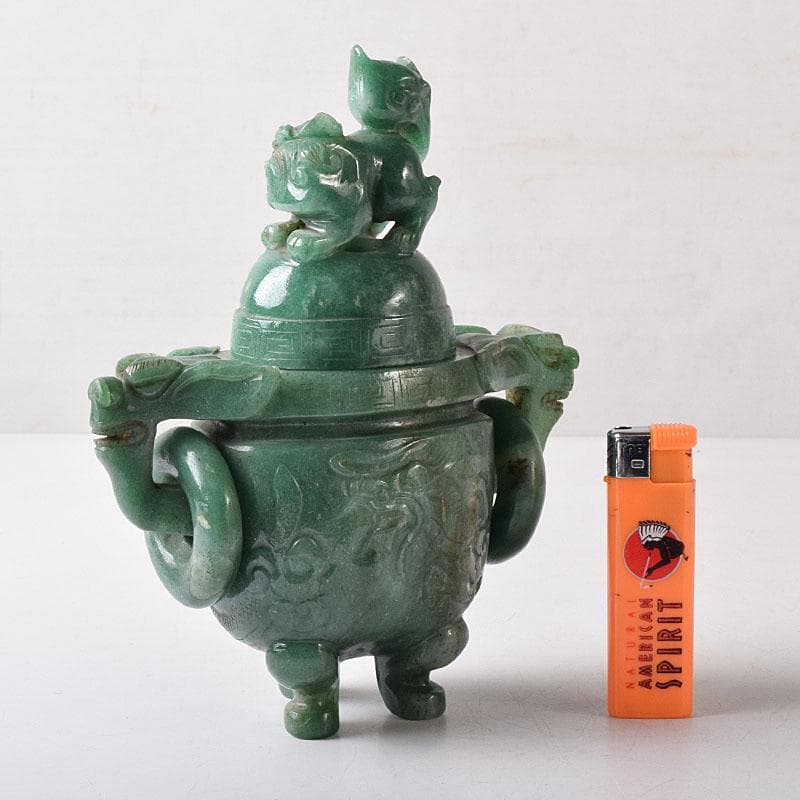 中国　玉石翡翠彫刻　雙耳活環　獅子鈕蓋爐　香炉　V　R8792