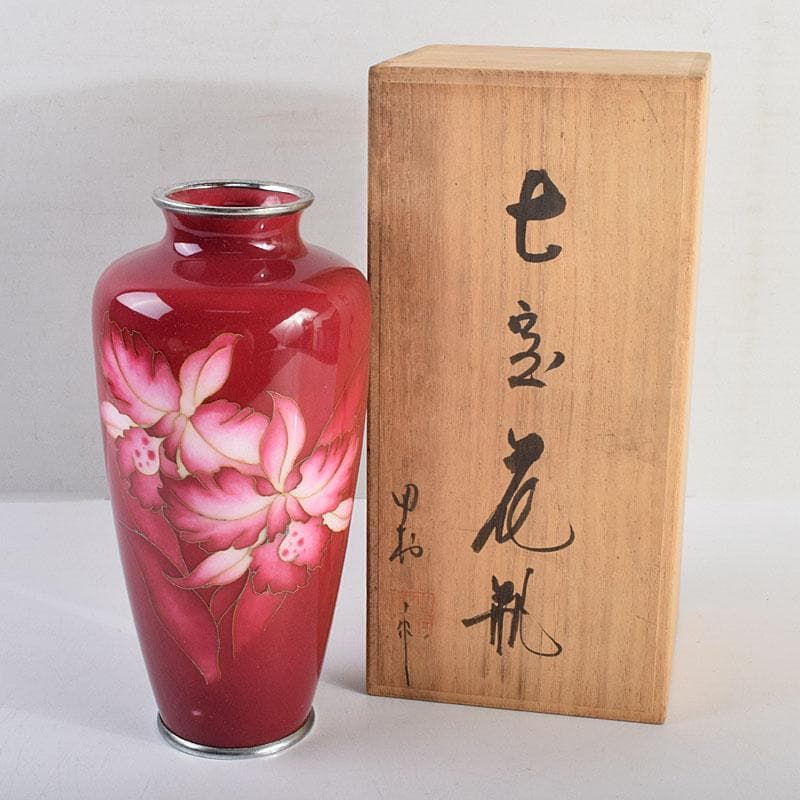 七宝焼　田村七宝工芸　カトレア文　花瓶　共箱　V　R9421