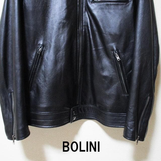 シンゲン　BORINI高級ラムレザーシングルライダースジャケット/黒/48