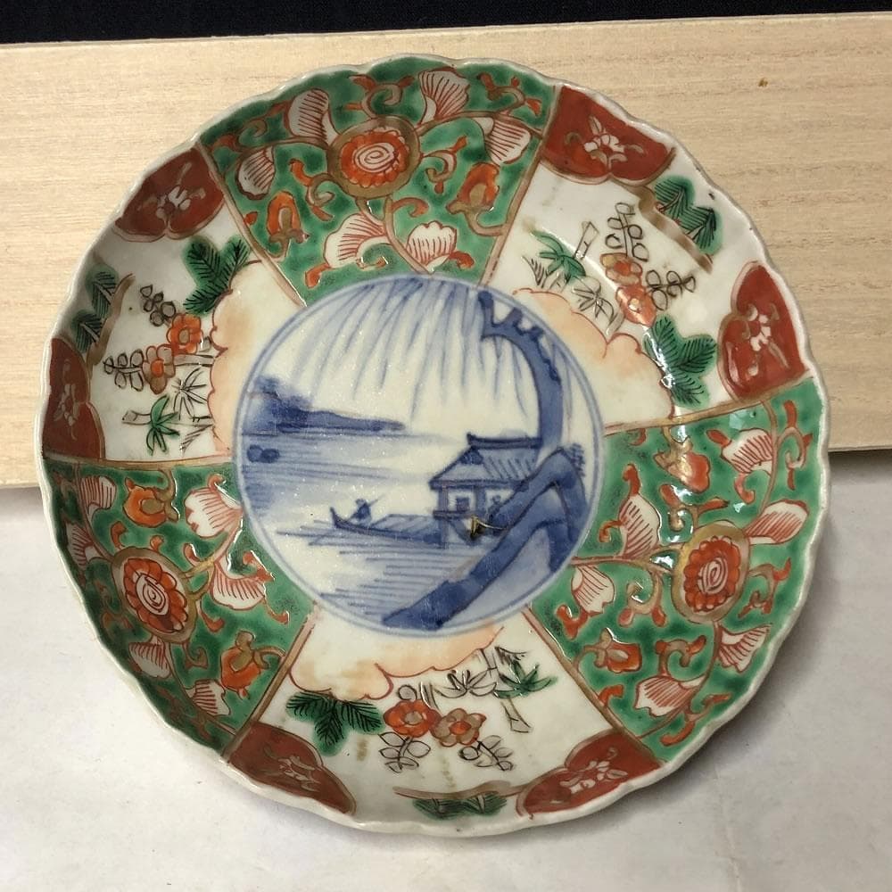 e2822 古伊万里 色絵 膾皿 5枚 径15.5cm 割絵 花紋