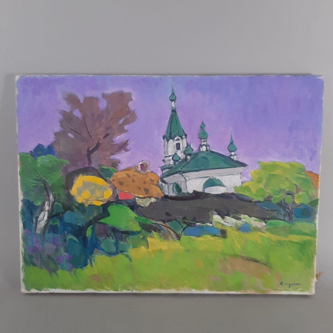 No4605 額装　菅野矢一「教会の春」油彩画　直筆サイン　箱付　絵画　送料無料