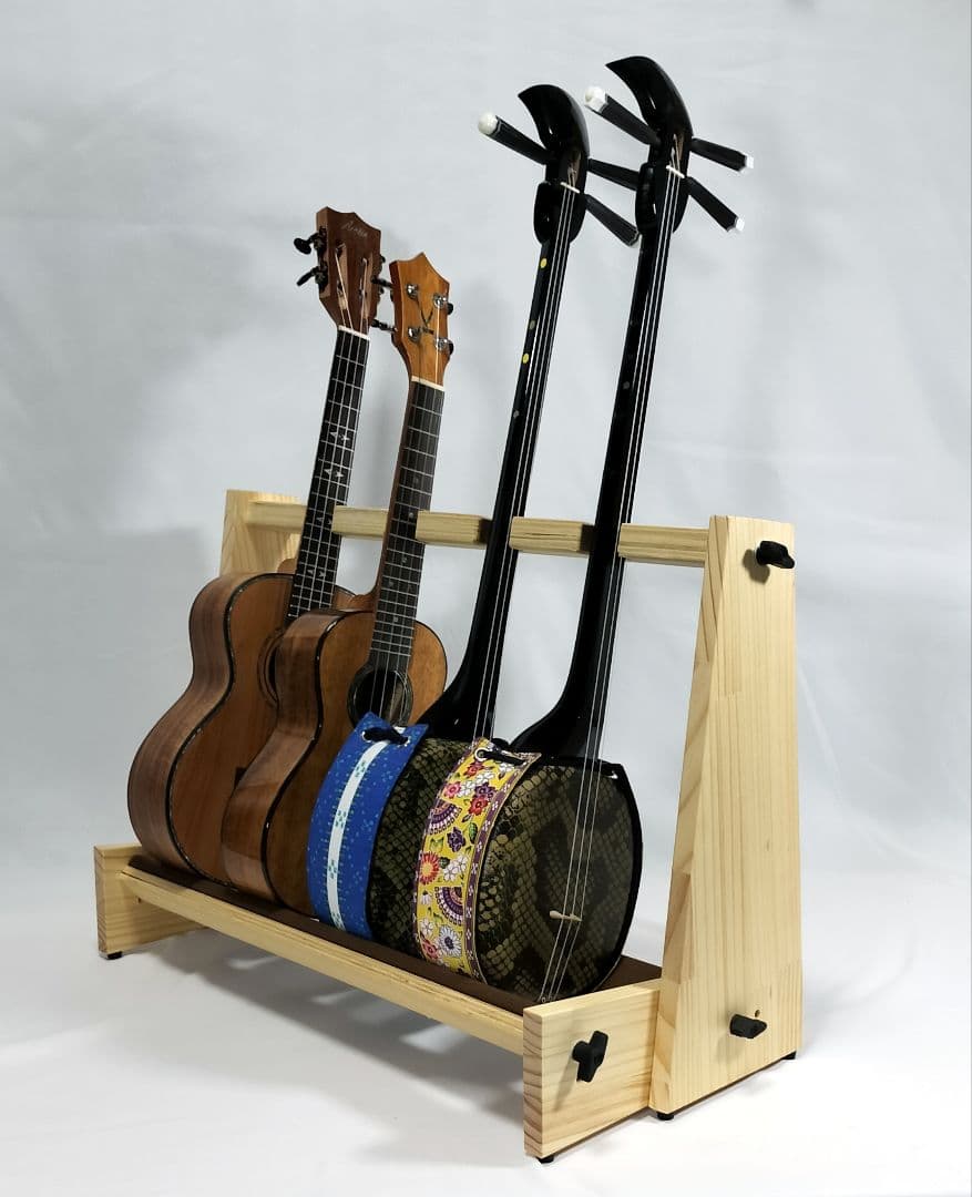 ハンドメイド　木製スタンド　三線　ウクレレ 兼用タイプ　 ナチュラルカラー4本用