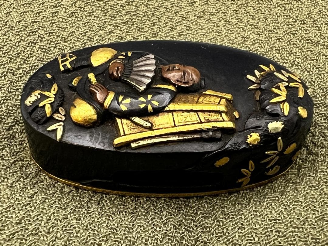 【海】江戸後期屈指名工！浜野矩随！『矩随』在銘 赤銅人物高彫金銀象嵌 縁頭 超絶