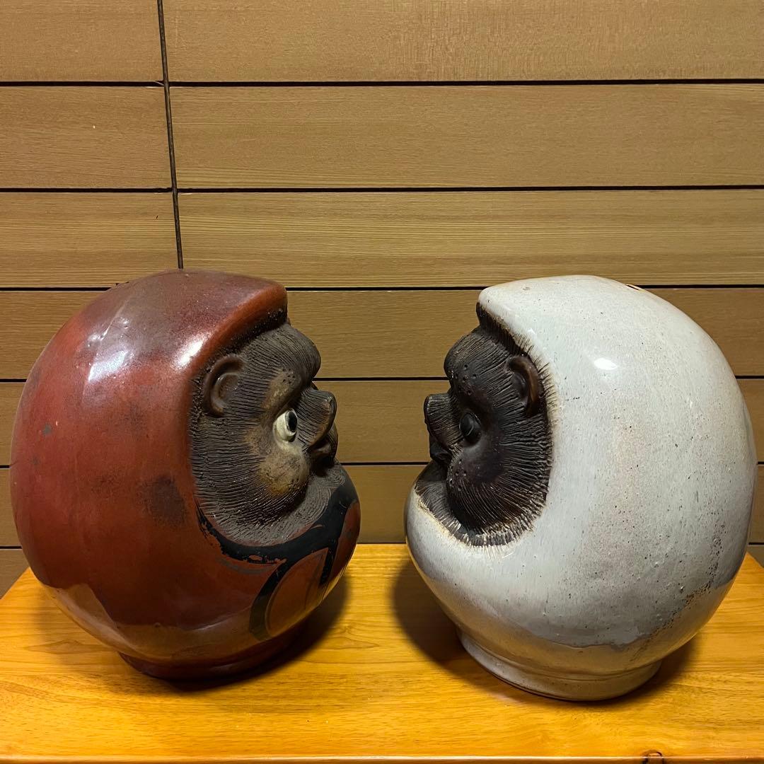 信楽焼　たぬきだるま　紅白2体セット
