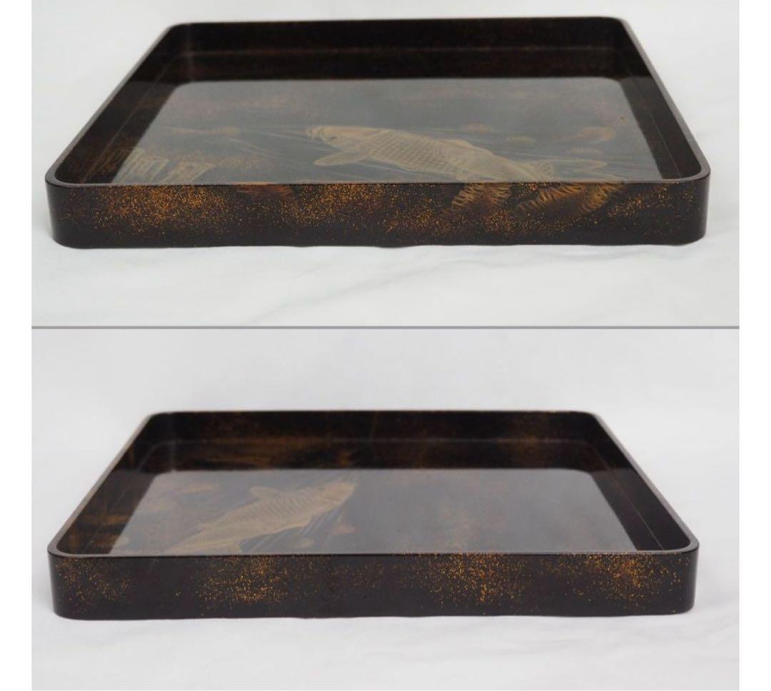 送料無料　江戸後期　蒔絵の名工７代山本春正（正徳）作　蝋色鯉画四角盆共箱本物保証