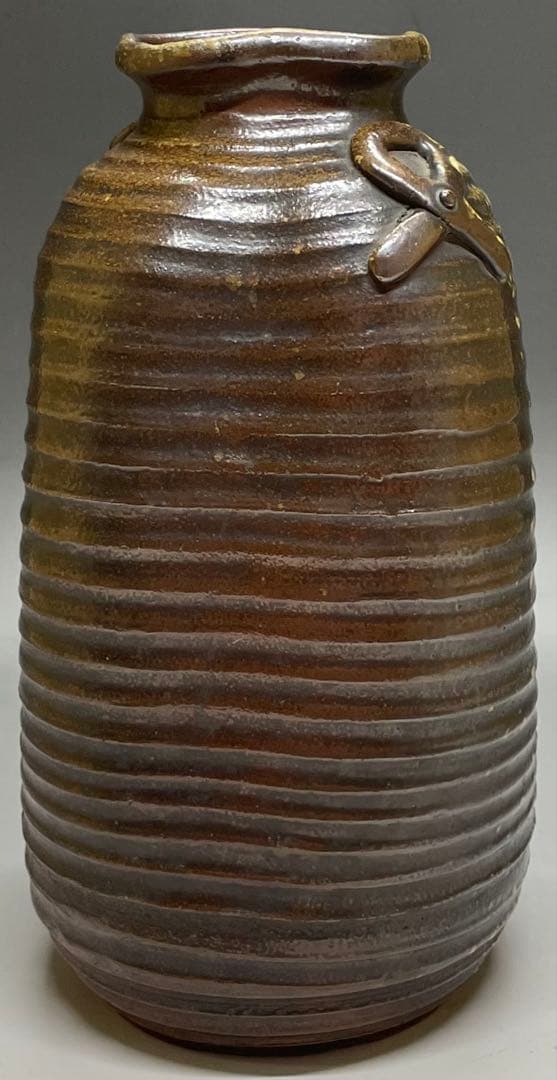 ヨシモ※プロフ必読※古備前　桂又三郎織　結文耳轆轤目ヘコミ花生　G532