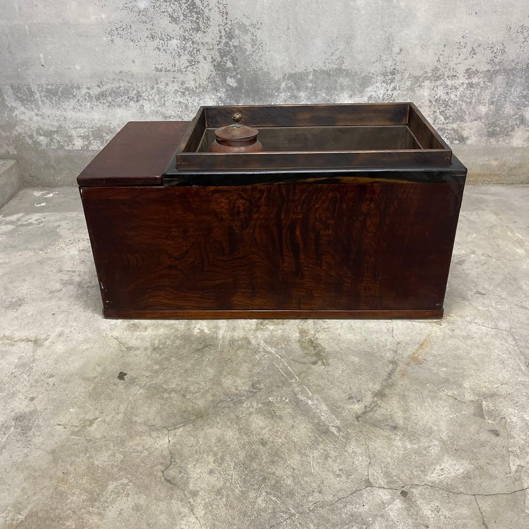 当時物　関東火鉢 欅 長火鉢　銅壺付き　欅　黒柿　猫板　時代家具　アンティーク