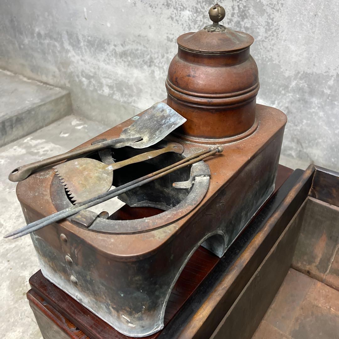 当時物　関東火鉢 欅 長火鉢　銅壺付き　欅　黒柿　猫板　時代家具　アンティーク