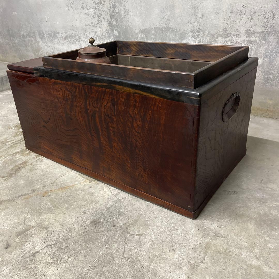 当時物　関東火鉢 欅 長火鉢　銅壺付き　欅　黒柿　猫板　時代家具　アンティーク