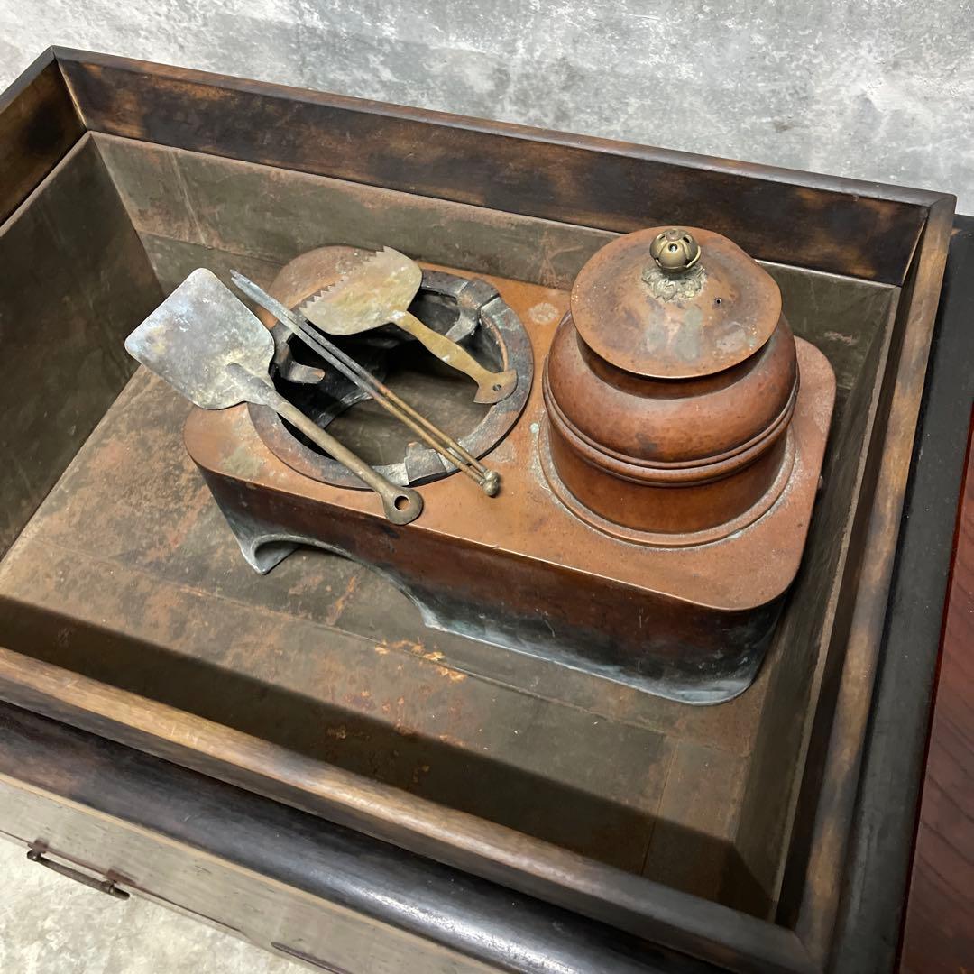 当時物　関東火鉢 欅 長火鉢　銅壺付き　欅　黒柿　猫板　時代家具　アンティーク