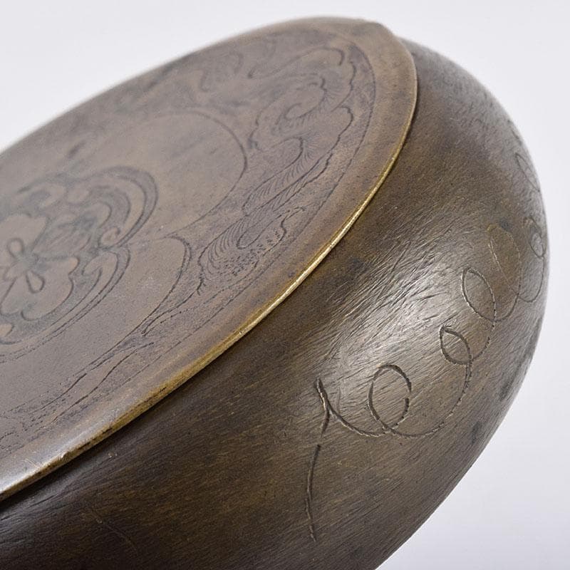 中国　古銅　木瓜神獣刻　薬入　蓋物　時代箱付　C　R8939