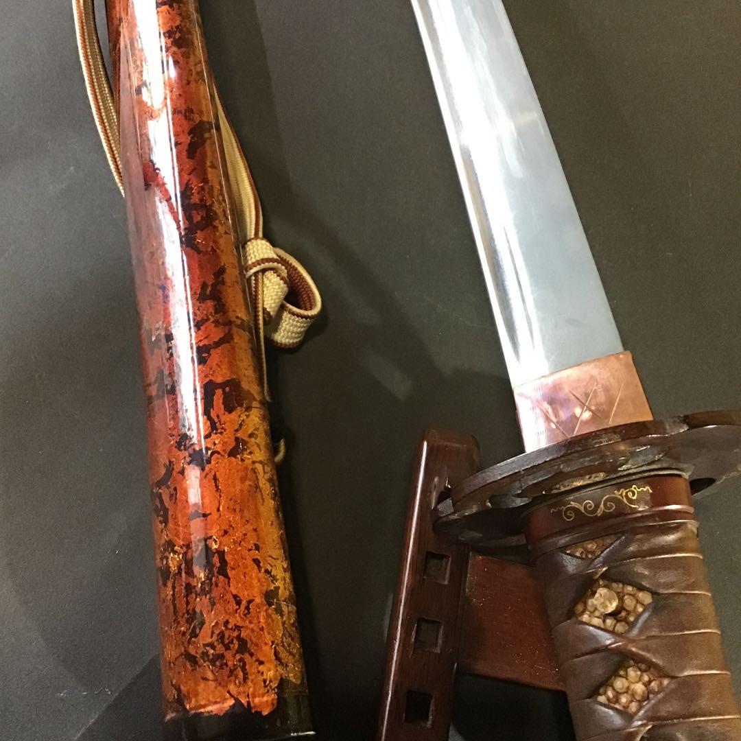 肥後拵　鍔　縁頭　象嵌　革巻柄　目貫勝虫　居合刀