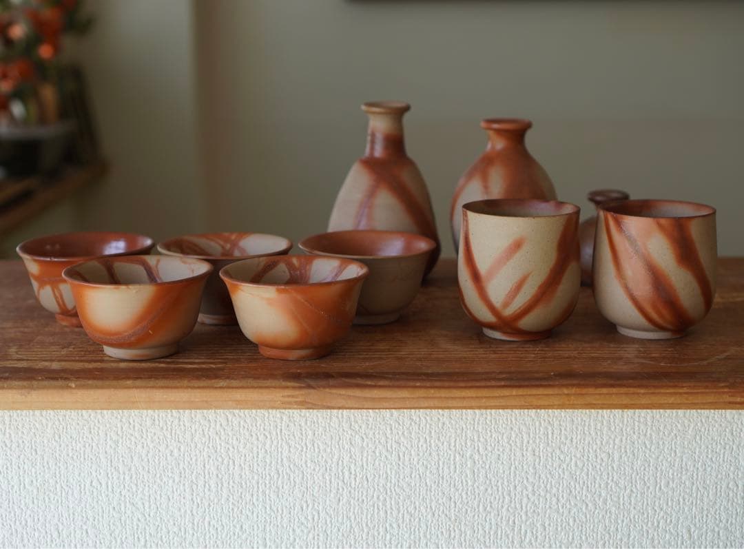 KCK604 備前焼 煎茶椀 湯呑み 一輪挿し 徳利 10客 在銘 伝統工芸品