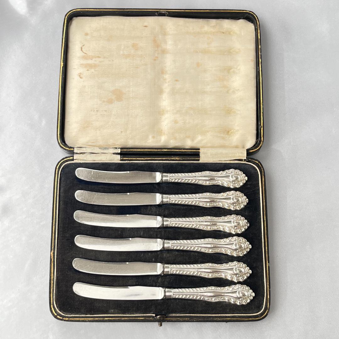 【C H Davis】 【純銀ハンドル】ティーナイフ 6本 ケース 1902年