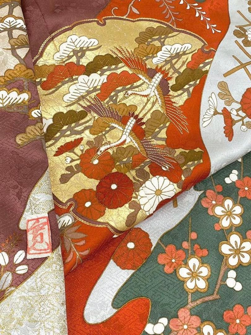 藤井寛 落款入 振袖 未仕立て品 仮絵羽 鶴 七宝繋ぎ 金駒 金彩 紋意匠 正絹