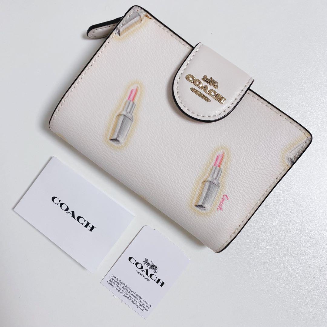 【新品未使用】COACHコーチ★二つ折り財布★リップモチーフ柄★口紅★ホワイト