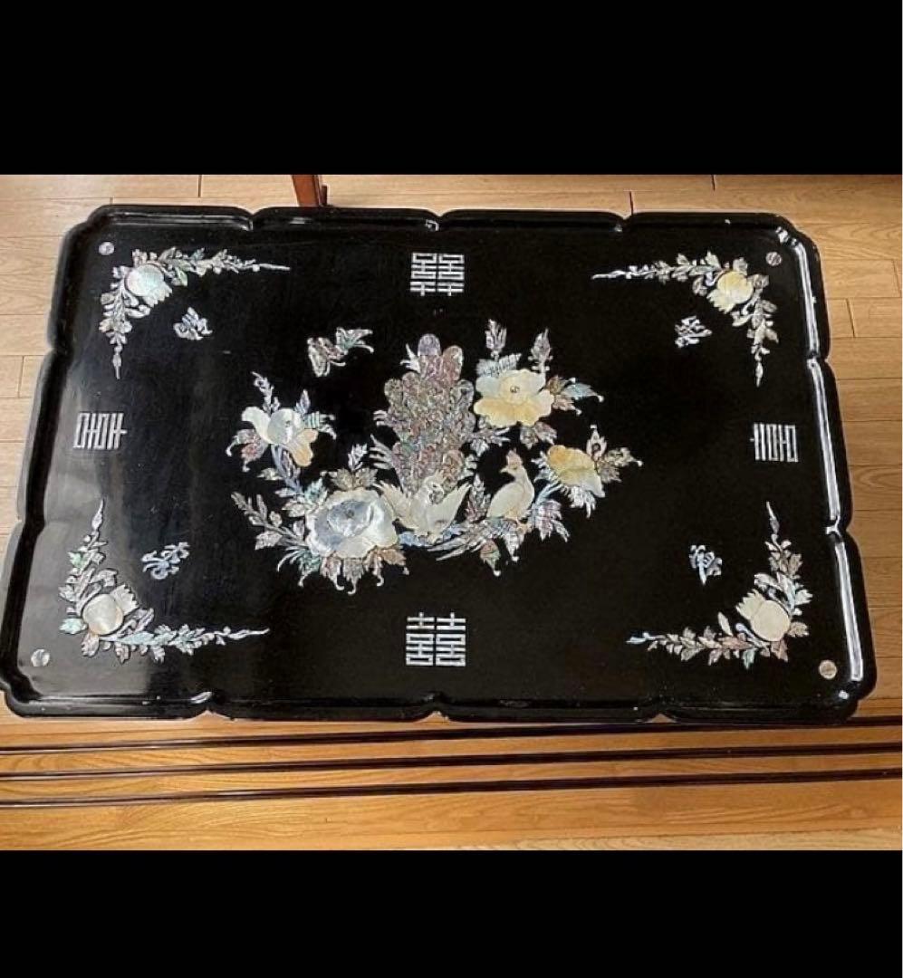 韓国美術 螺鈿細工 漆 /李朝膳 小盤 海州盤ローテーブル：花鳥画福喜囍